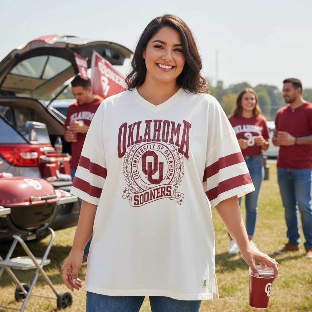 Pressbox Oklahoma Sooners OU Oversized Varsity T-Shirt White Burgundy